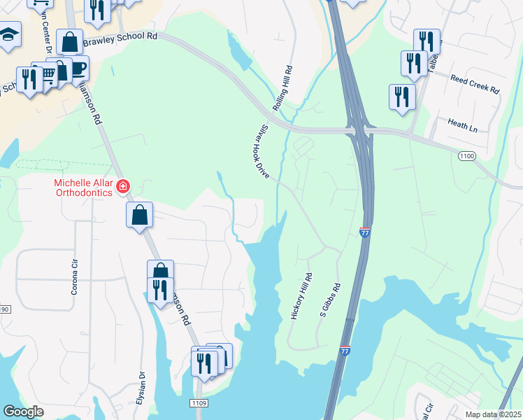 map of restaurants, bars, coffee shops, grocery stores, and more near 288 Chandeleur Drive in Mooresville