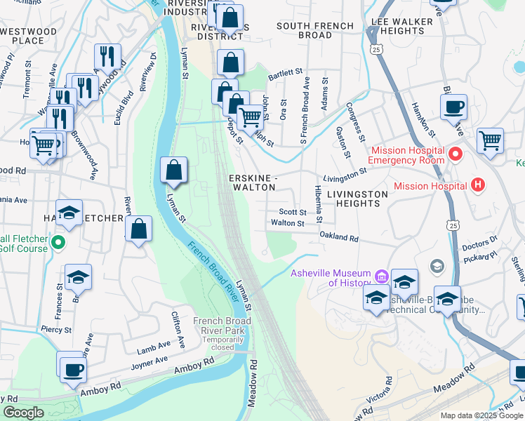 map of restaurants, bars, coffee shops, grocery stores, and more near 209 Walton Street in Asheville