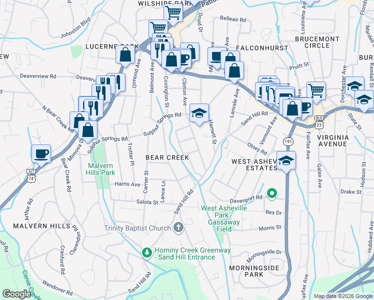 map of restaurants, bars, coffee shops, grocery stores, and more near 1 Pinewood Place in Asheville