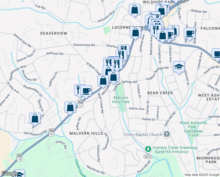 map of restaurants, bars, coffee shops, grocery stores, and more near 16 Madeline Avenue in Asheville