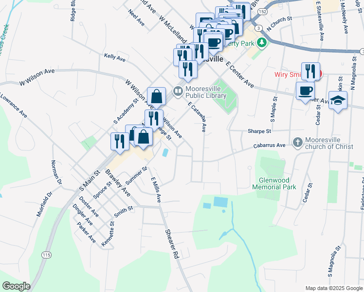 map of restaurants, bars, coffee shops, grocery stores, and more near 410 Freeman Drive in Mooresville