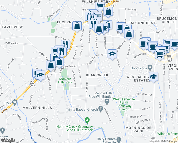 map of restaurants, bars, coffee shops, grocery stores, and more near 21 Carrier Street in Asheville