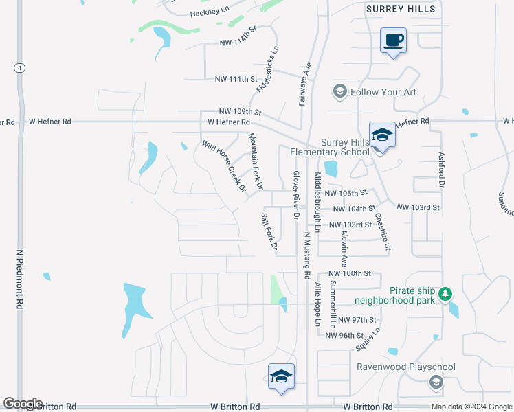 map of restaurants, bars, coffee shops, grocery stores, and more near 10413 Salt Fork Drive in Yukon