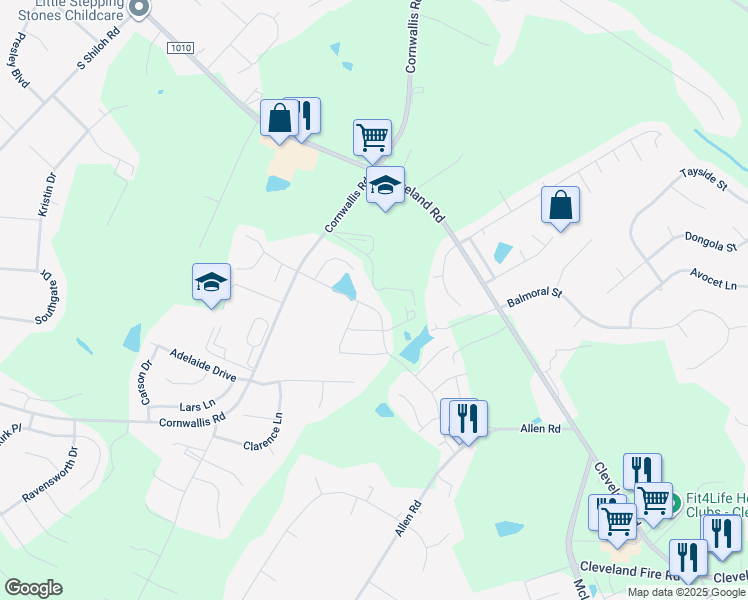 map of restaurants, bars, coffee shops, grocery stores, and more near 209 Royal Oak Lane in Garner