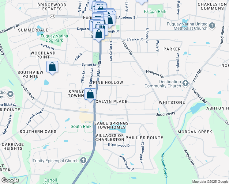 map of restaurants, bars, coffee shops, grocery stores, and more near 713 South Fuquay Avenue in Fuquay-Varina