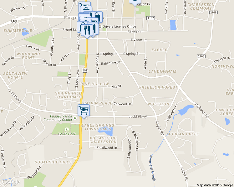 map of restaurants, bars, coffee shops, grocery stores, and more near 609 Senterwood Court in Fuquay-Varina