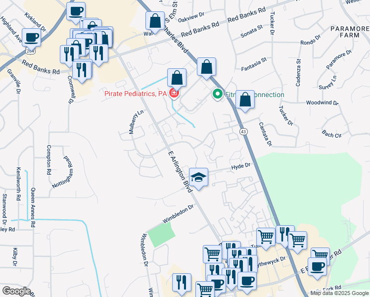 map of restaurants, bars, coffee shops, grocery stores, and more near 3302 Mulberry Lane in Greenville