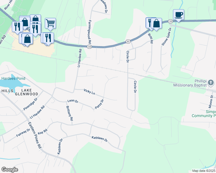 map of restaurants, bars, coffee shops, grocery stores, and more near 539 Patsy Drive in Greenville