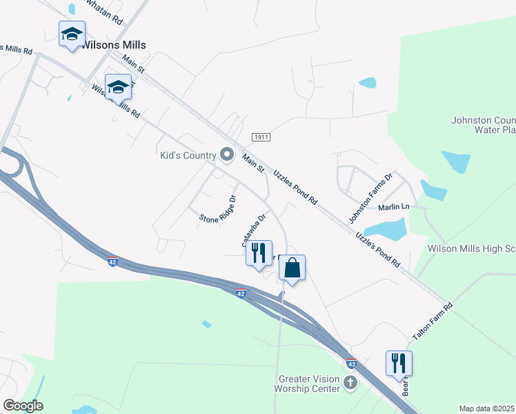 map of restaurants, bars, coffee shops, grocery stores, and more near 3917 Wilsons Mills Road in Smithfield