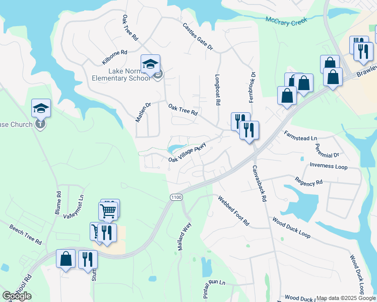 map of restaurants, bars, coffee shops, grocery stores, and more near Oak Village Parkway in Mooresville