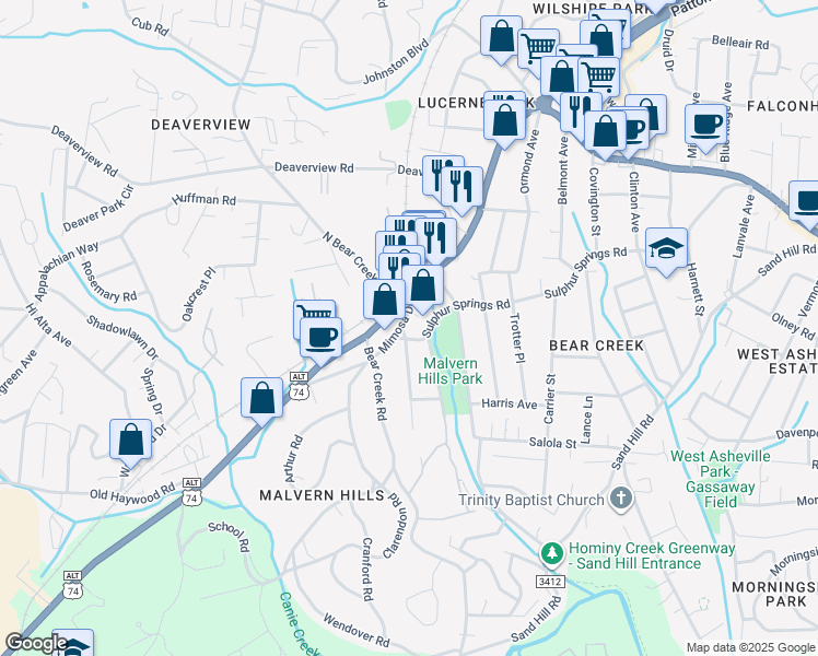 map of restaurants, bars, coffee shops, grocery stores, and more near 16 Madeline Avenue in Asheville