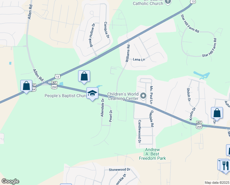 map of restaurants, bars, coffee shops, grocery stores, and more near 3198 Williams Road in Greenville