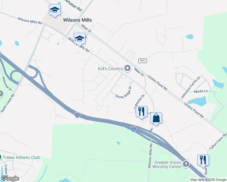 map of restaurants, bars, coffee shops, grocery stores, and more near 149 Stone Ridge Drive in Smithfield