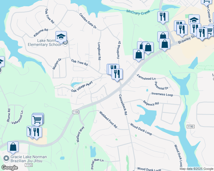 map of restaurants, bars, coffee shops, grocery stores, and more near 109 Springwood Lane in Mooresville