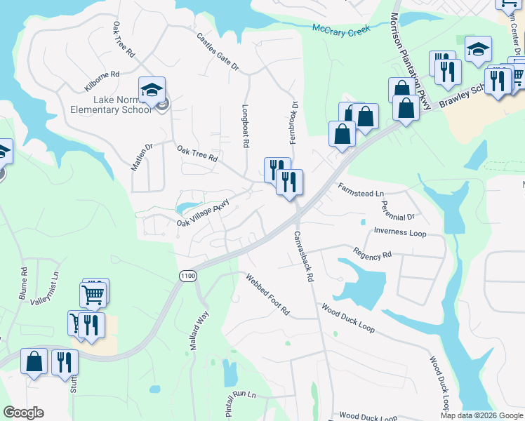map of restaurants, bars, coffee shops, grocery stores, and more near 107 Springwood Lane in Mooresville