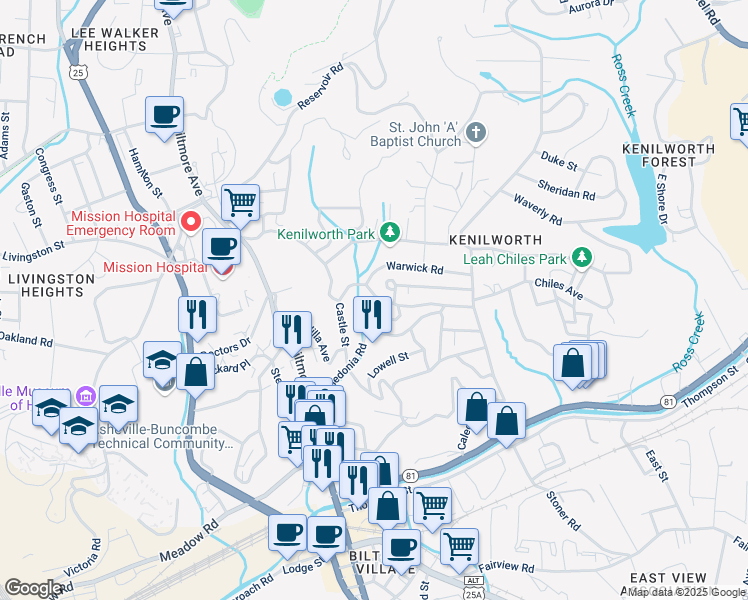 map of restaurants, bars, coffee shops, grocery stores, and more near 179 Forest Hill Drive in Asheville