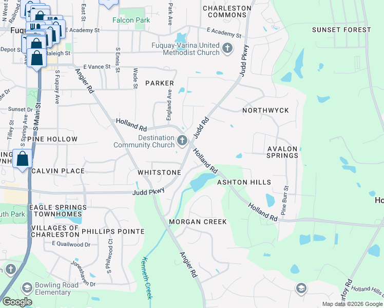 map of restaurants, bars, coffee shops, grocery stores, and more near 610 Judd Parkway in Fuquay-Varina
