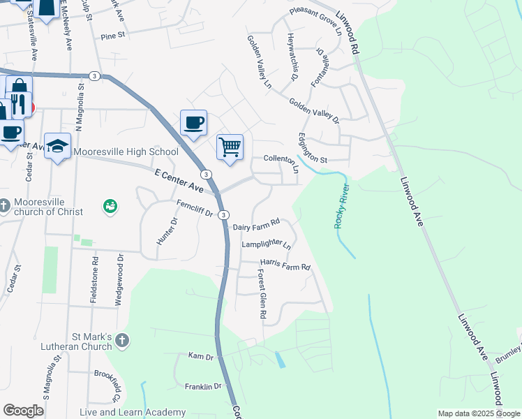 map of restaurants, bars, coffee shops, grocery stores, and more near 120 Doyle Farm Lane in Mooresville