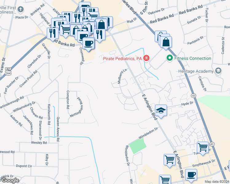 map of restaurants, bars, coffee shops, grocery stores, and more near 2808 Mulberry Lane in Greenville