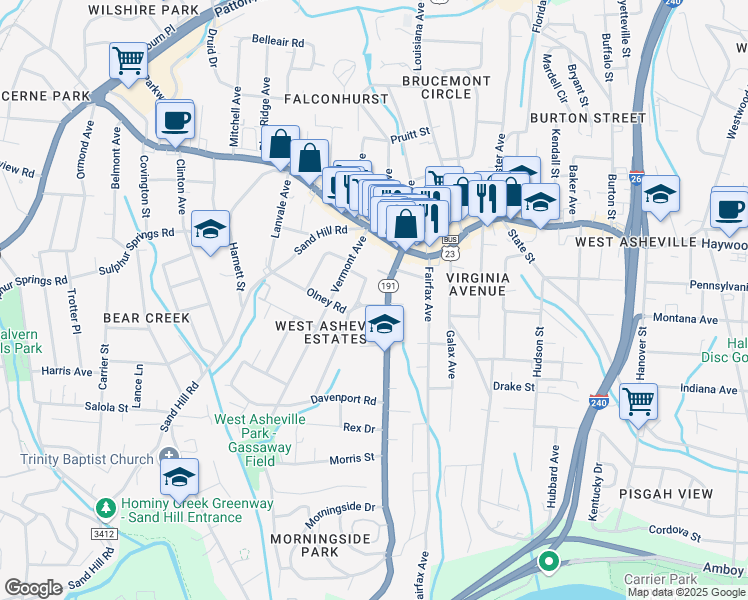 map of restaurants, bars, coffee shops, grocery stores, and more near 20 Olney Road in Asheville