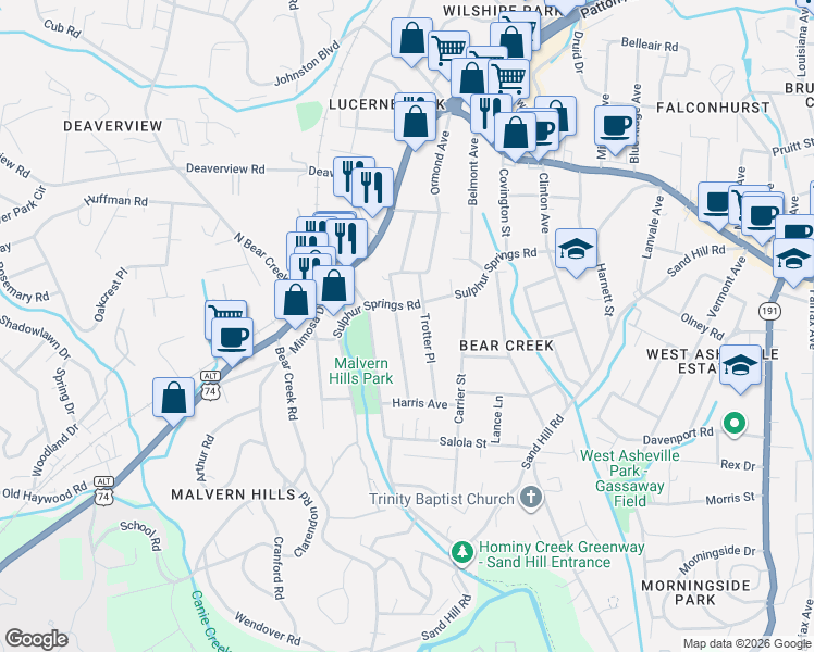 map of restaurants, bars, coffee shops, grocery stores, and more near 65 Middlemont Avenue in Asheville