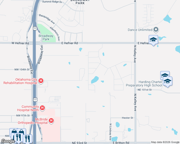map of restaurants, bars, coffee shops, grocery stores, and more near 401 Northeast 102nd Street in Oklahoma City