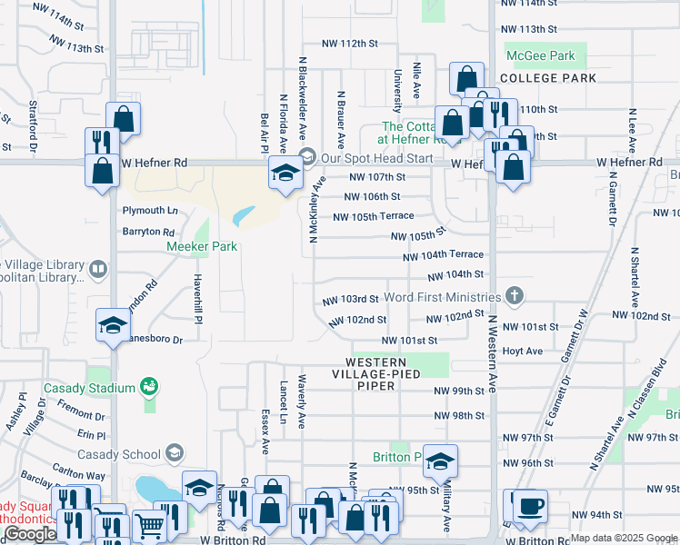 map of restaurants, bars, coffee shops, grocery stores, and more near 1426 Northwest 104th Street in Oklahoma City