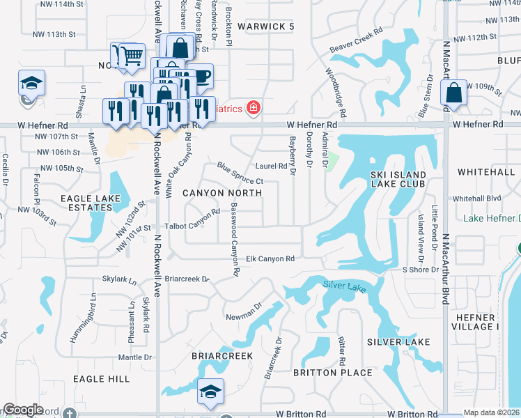 map of restaurants, bars, coffee shops, grocery stores, and more near 10409 Evergreen Court in Oklahoma City