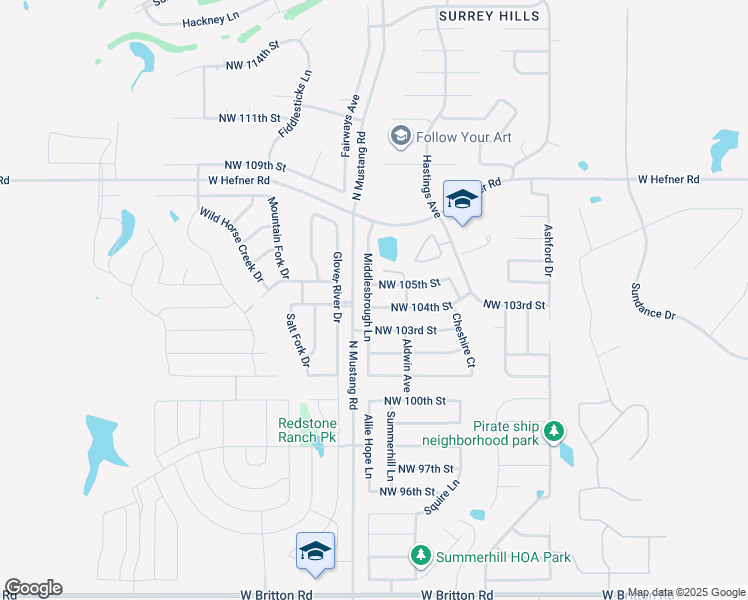 map of restaurants, bars, coffee shops, grocery stores, and more near 11320 Northwest 104th Street in Yukon