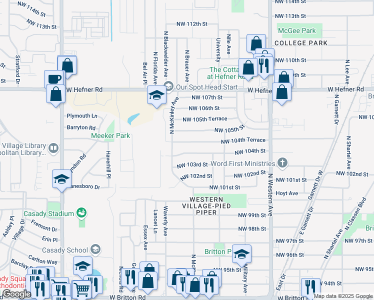 map of restaurants, bars, coffee shops, grocery stores, and more near 1426 Northwest 104th Street in Oklahoma City