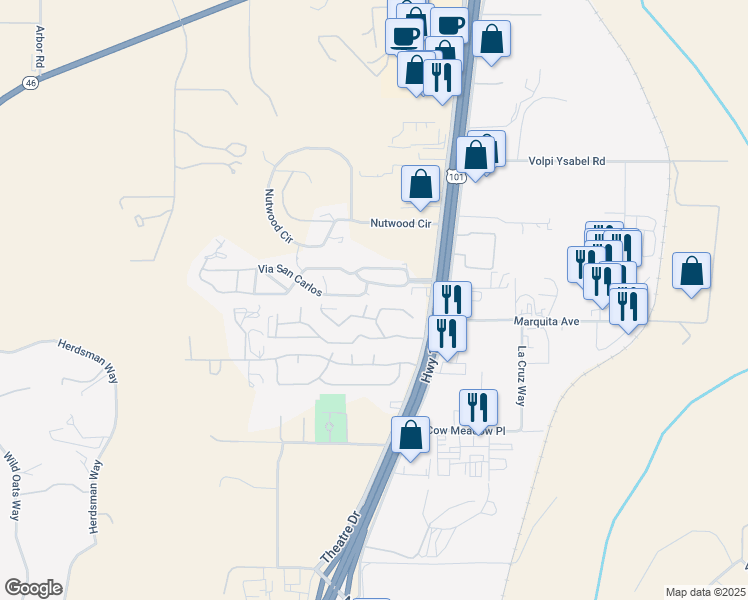 map of restaurants, bars, coffee shops, grocery stores, and more near 55 Via San Carlos in Paso Robles