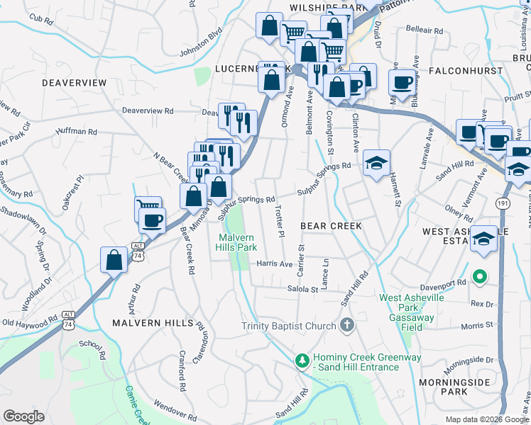 map of restaurants, bars, coffee shops, grocery stores, and more near 65 Middlemont Avenue in Asheville