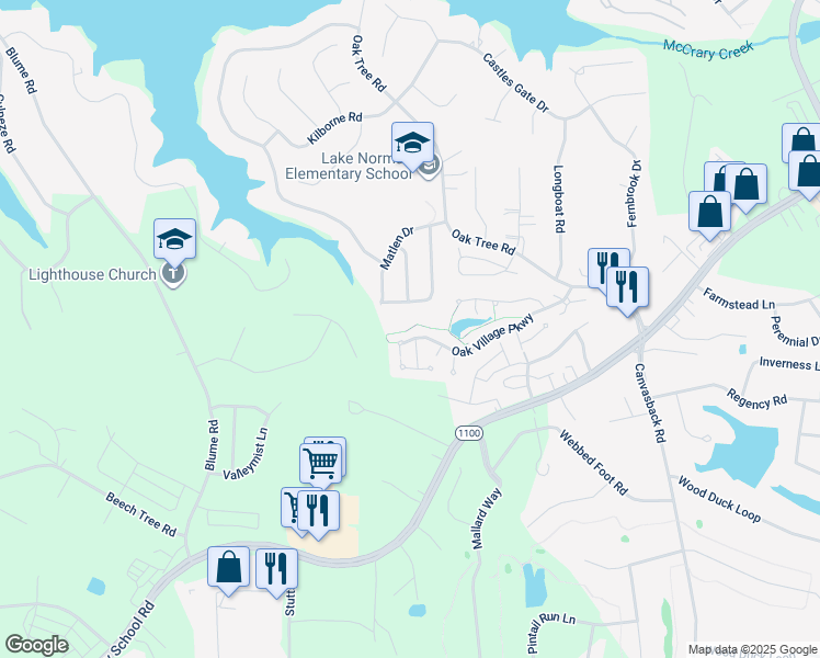map of restaurants, bars, coffee shops, grocery stores, and more near Oak Village Parkway in Mooresville