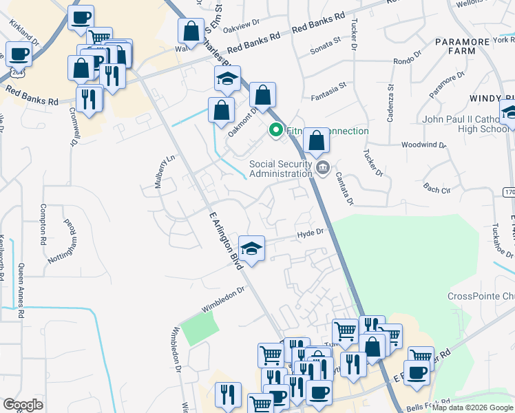 map of restaurants, bars, coffee shops, grocery stores, and more near 108 Breezewood Drive in Greenville