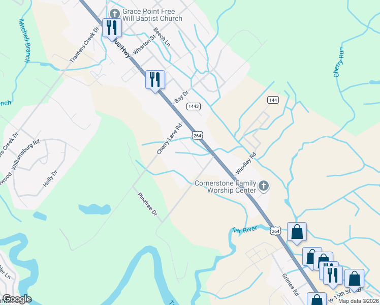 map of restaurants, bars, coffee shops, grocery stores, and more near Tranters Court Drive in Washington