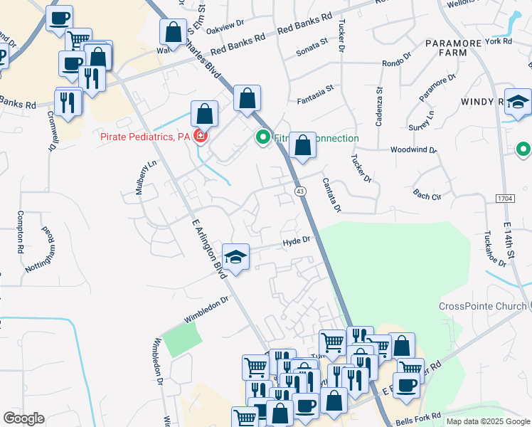 map of restaurants, bars, coffee shops, grocery stores, and more near 107 Breezewood Drive in Greenville