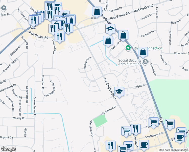 map of restaurants, bars, coffee shops, grocery stores, and more near 3001 Mulberry Lane in Greenville