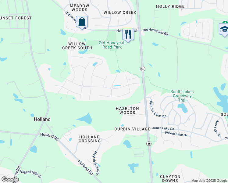 map of restaurants, bars, coffee shops, grocery stores, and more near 2405 Heathland Farm Drive in Fuquay-Varina