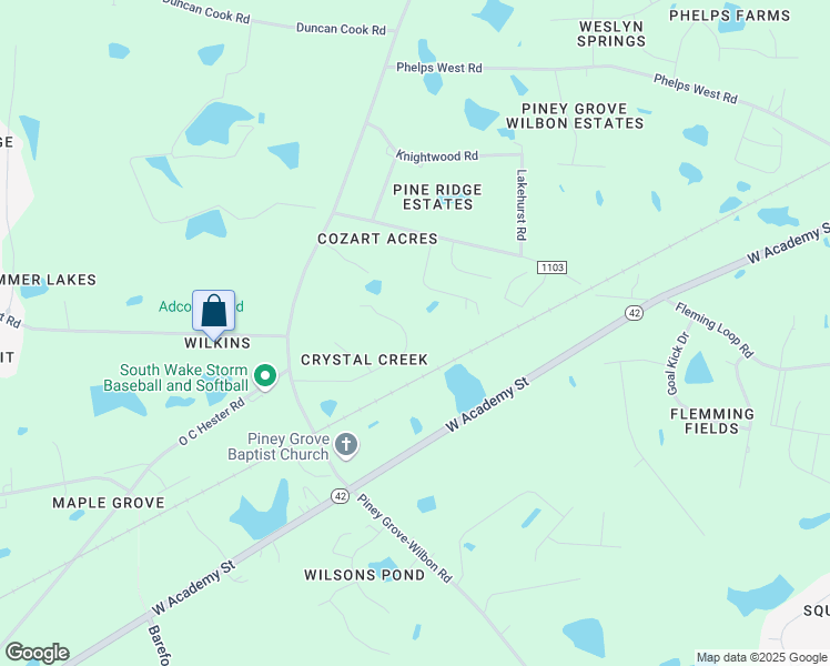 map of restaurants, bars, coffee shops, grocery stores, and more near 5729 Stone Crystal Drive in Fuquay Varina