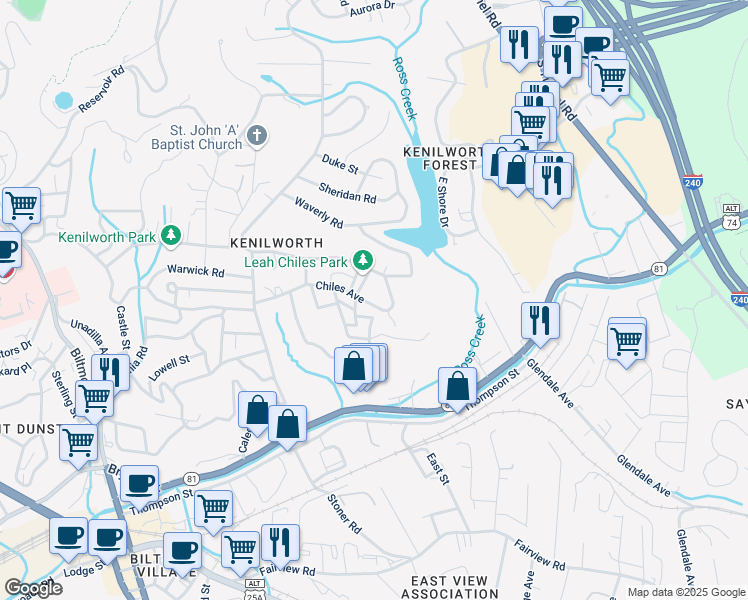 map of restaurants, bars, coffee shops, grocery stores, and more near 30 Chiles Avenue in Asheville