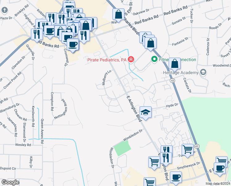 map of restaurants, bars, coffee shops, grocery stores, and more near 3007 Mulberry Lane in Greenville