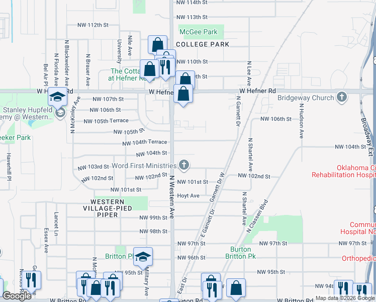 map of restaurants, bars, coffee shops, grocery stores, and more near 936 Northwest 103rd Street in Oklahoma City
