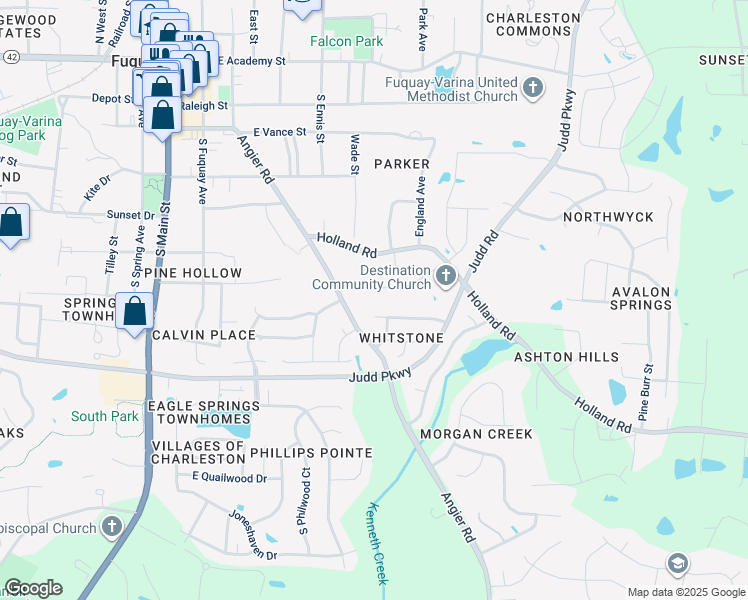 map of restaurants, bars, coffee shops, grocery stores, and more near 416 Creekway Drive in Fuquay Varina