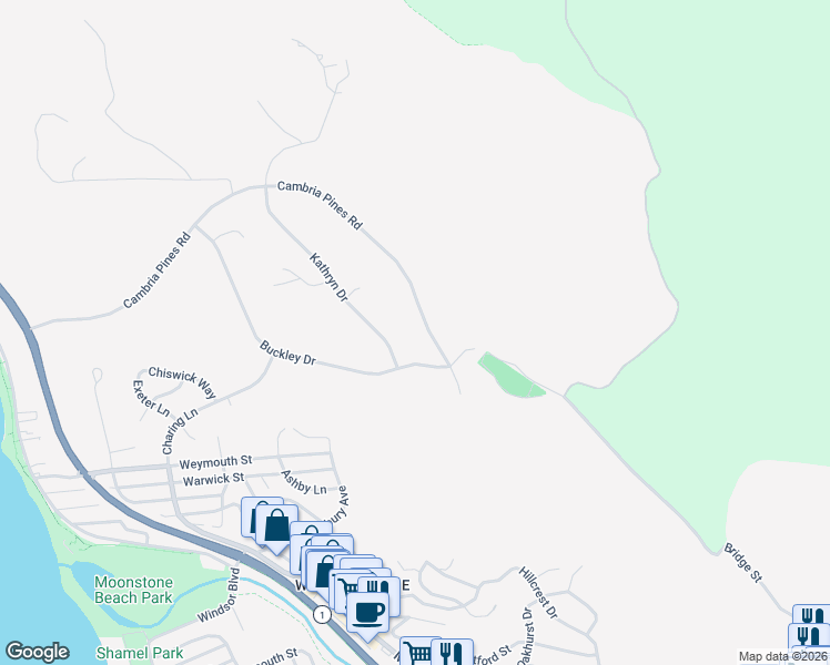map of restaurants, bars, coffee shops, grocery stores, and more near 6410 Cambria Pines Road in Cambria
