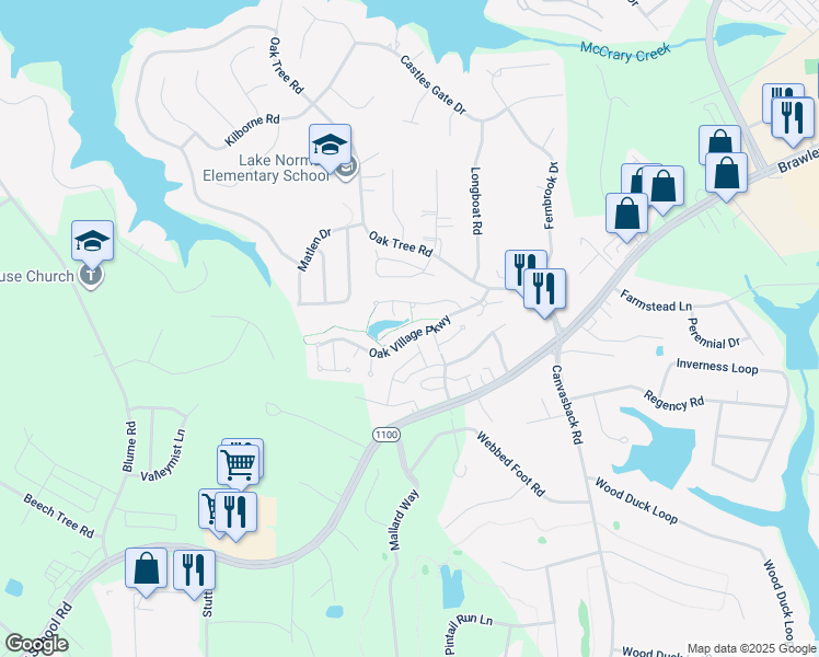 map of restaurants, bars, coffee shops, grocery stores, and more near 164 Oak Village Parkway in Mooresville