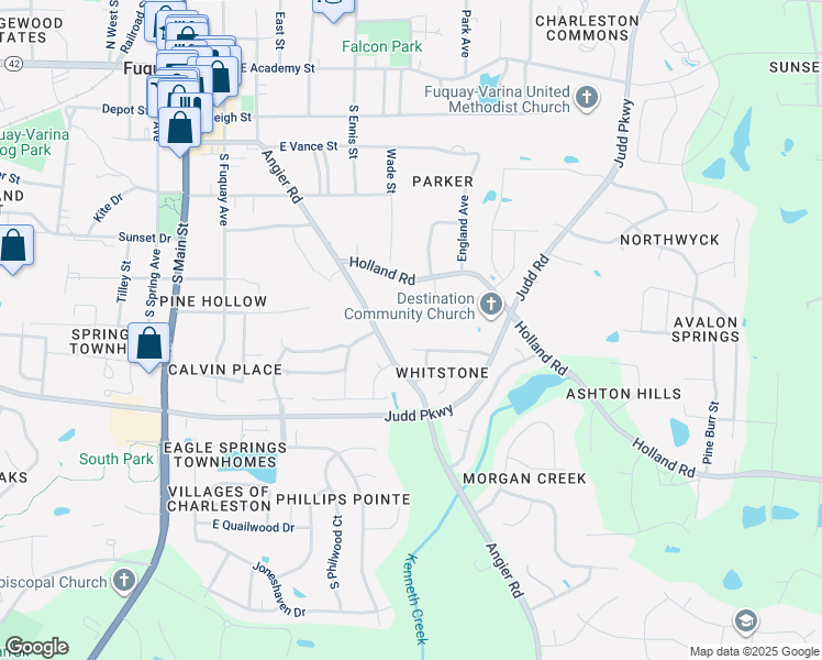 map of restaurants, bars, coffee shops, grocery stores, and more near 416 Creekway Drive in Fuquay Varina