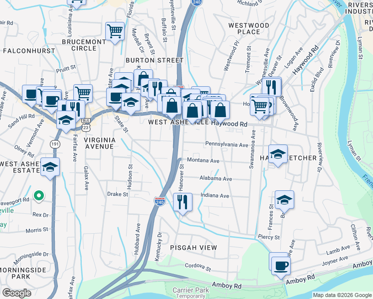 map of restaurants, bars, coffee shops, grocery stores, and more near 61 Hanover Street in Asheville