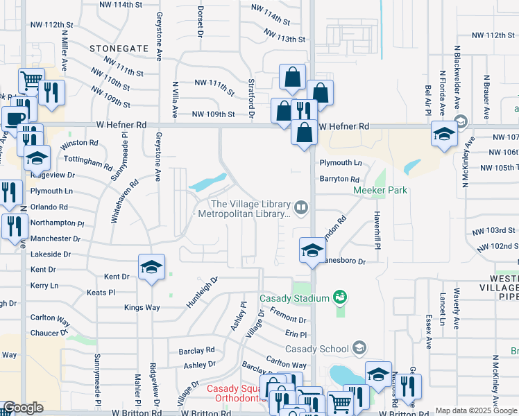 map of restaurants, bars, coffee shops, grocery stores, and more near 10256 Kingston Way in The Village