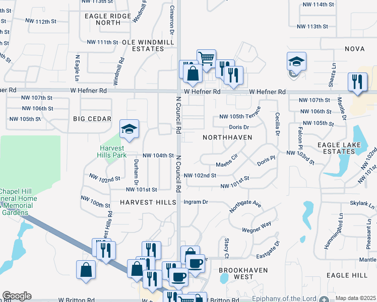 map of restaurants, bars, coffee shops, grocery stores, and more near 10400 North Council Road in Oklahoma City
