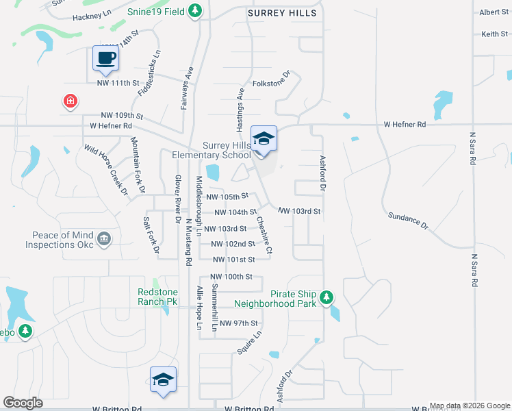 map of restaurants, bars, coffee shops, grocery stores, and more near 11220 Northwest 104th Street in Yukon